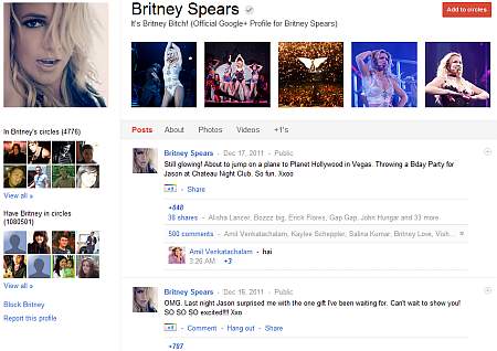 Britney Spears Google+ Britney Spears Google+ Vedete: Britney Spears are 1 milion de fani pe Google+