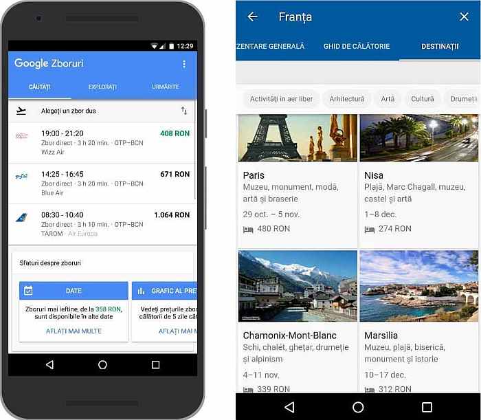 Google Flights și Destinations Romania